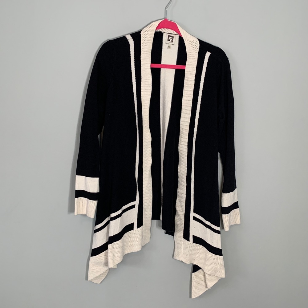 Anne Klein Black White Striped Open Front Draped Cardigan Sweater Womens Large‎